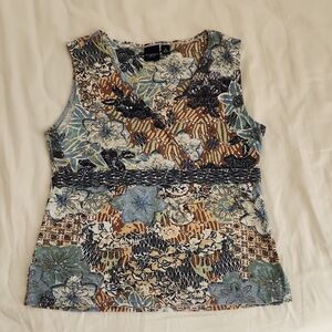 Sonoma. Blue and Brown Surplice Blouse. Empire Style.